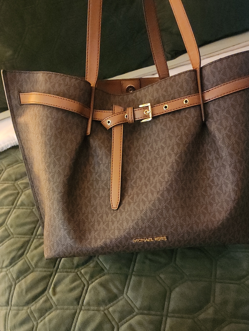 Michael Kors Brown and Tan Logo Belt-Detail Tote